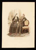 1855 Fuchstheller: Hölgyfutár divat témájú színezett rézmetszet / Fashion colored etching 21x28 cm