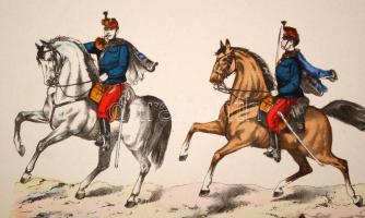 XIX. sz, vége: osztrák-magyar huszárok. Színezett fametszet. / Austrian hussars wood-engraving 35x28...