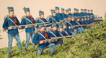 XIX. sz. vége: Cs. és kir. magyar tüzérek. Színezett fametszet. / Austro-Hungarian infantry wood-eng...