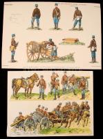 XIX. sz. vége: Cs. és kir. magyar tüzérek. Színezett fametszet 2 db. / Austro-Hungarian arillery wood-engravings 42x29 cm