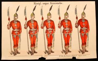 XIX. sz. vége: Magyar koronaőrök. Színezett fametszet. Szakadásokkal / Hungarian crown guards wood-engraving 34x21 cm