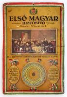 cca 1930 Első Magyar Általános Biztosító Társaság fém zománctábla és mechanikus naptár (a két mutató hiányzik). Nagyméretű, dombornyomott fém tábla, nemzetíszín kerettel 25x37 cm