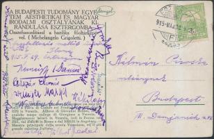 1915 Császár Elemér (1974-1940) irodalomtörténész, Kéky Lajos (1879-1946) irodalomtörténész és mások üdvözlő sorai és aláírásai az esztergomi fagylaltozás mellől küldött levelezőlapon
