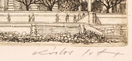 Kádas István (1941-): Mátyás templom, Hilton. Rézkarc, papír, jelzett, üvegezett keretben, 25×42 cm