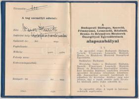 cca 1935 Tagkönyv A Budapesti bádogos, szerelő, fémnyomó, lemezelő, rézöntő, bronz- és rézművesmeste...