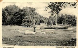 Harkányfürdő, parkrészlet szökőkúttal, kiadja Szilczer Gyula (ragasztónyom / gluemark)