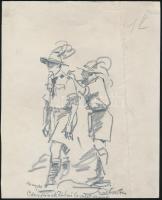 Márton Ferenc (1884-1940): 1933 Jamboree. Cserkészek tábori levelet írnak. Ceruza, papír, jelzett, gyűrött, 20×17 cm /Scout graphic, pencil, paper, signed