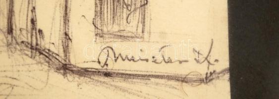 Meiszter Kálmán (1925-): Soproni utca. Toll, papír, jelzett, üvegezett keretben, 14×10 cm