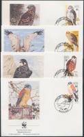 WWF: Madarak négyescsík + 4 db FDC (gumihiba/gum disturbance) WWF Birds stripe of 4 + 4 FDC (gum dis...