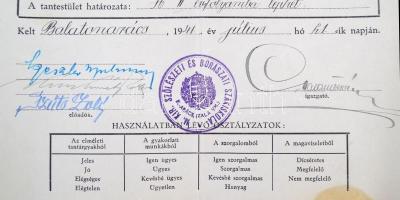 1941 A Balatonarácsi Szőlészeti és Borászati Szakiskola bizonyítványa