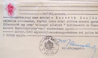 1943 A Balatonarácsi Szőlészeti és Borászati Szakiskola végbizonyítványának korabeli, hivatalos máso...