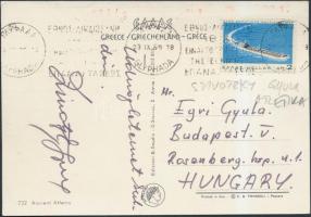 1969 Zsivótzky Gyula (1937-2007) olimpiai bajnok atléta üdvözlői sorai és aláírása Görögországból küldött levelezőlapon