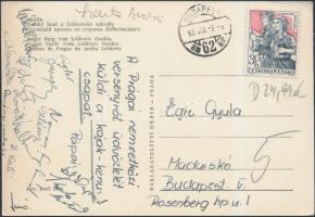1963 A magyar kajak-kenu csapat tagjainak üdvözlő sorai és aláírása a prágai nemzetközi versenyről küldött levelezőlapon