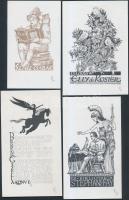 Petry Béla (1902-1996): 4 db ex libris érdekes témákban, klisé, papír, jelzettek, különböző méretben