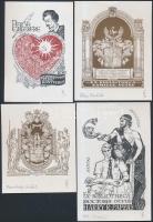 Petry Béla (1902-1996): 4 db ex libris érdekes témákban, klisé, papír, jelzettek, különböző méretben