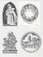 Petry Béla (1902-1996): 4 db ex libris érdekes témákban, klisé, papír, jelzettek, különböző méretben