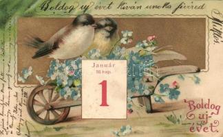 New Year, birds, floral, golden litho (EK)
