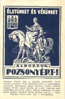 Pozsony, Bratislava; 'Életünket és Vérünket áldozzuk'; Mária Terézia szobor, kiadja a Közművelődési Rt. / Maria Theresia monument, irredenta, s: Tary (EK)