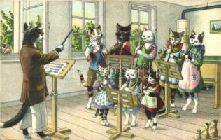 Musician cats in classroom, humour, Max Künzli No. 4757.