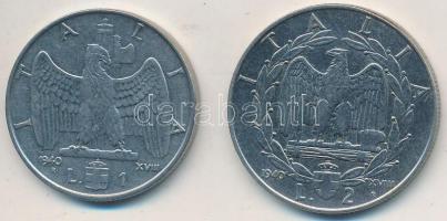 Olaszország 1940R 1L acél + 2L acél "III. Viktor Emánuel" T:2 Italy 1940R 1 Lira stainless steel + 2 Lire stainless steel "Vittorio Emnuele III" C:XF