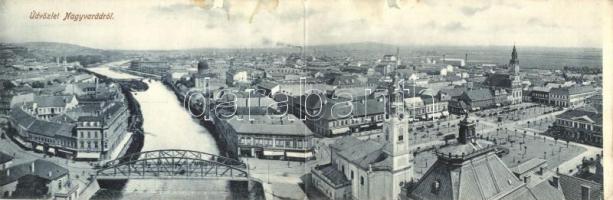 Nagyvárad, Oradea; híd, zsinagóga, tér, Szent László templom, Holdas templom, kétlapos panorámalap, kiadja Boros Jenő / híd, syangouge, square, churches, 2-tile panoramacard (kis felületi sérülés / minor surface damage)