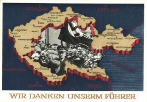 Wir danken unserm Führer / Adolf Hitler, Konrad Henlein, NS propaganda, map of the Czech Republic, 6 Ga.