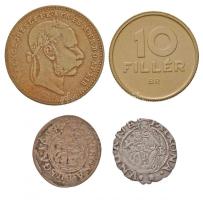 1553K-B Denár Ag "I. Ferdinánd" (0,32g) + 1694. Denár Ag "I. Lipót" (0.37g) + 1870GYF 20kr Ag "Váltó Pénz" + 1964. 10f Al aranyozott T:2-,3,1- Huszár: 935., 1509., Unger II.: 745., 1114.