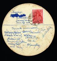 1943 Aranyászok sör, Polgári Serfőzde, alátét, felbélyegezve, postán elküldve, d:11cm