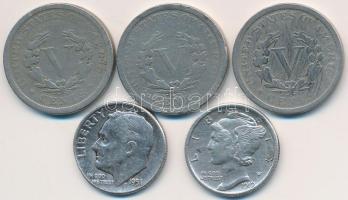 Amerikai Egyesült Államok 1904-1906. 5c Cu-Ni (3xklf) + 1919. 1D Ag "Mercury" + 1951. 1D Ag "Roosevelt" T:3,2,2- USA 1904-1906. 5 Cents Cu-Ni (3xdiff) + 1919 1 Dime Ag "Mercury" + 1951. 1 Dime Ag "Roosevelt"  C:F,XF,VF