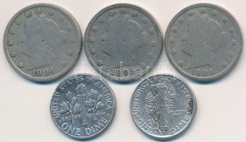 Amerikai Egyesült Államok 1904-1906. 5c Cu-Ni (3xklf) + 1919. 1D Ag "Mercury" + 1951. 1D A...