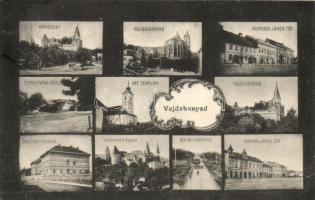 Vajdahunyad, Hunedoara; várrészlet, Hunyadi János tér, Cserna patak, Református templom, Vasgyári hivatal, Gyalári hegysikló / castle detail, square, river, church, iron works office, funicular (ázott / wet damage)