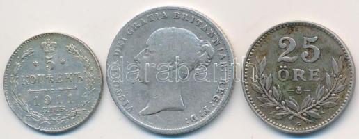Orosz Birodalom 1911. 5k Ag + Nagy-Britannia 1864. 6P Ag "Viktória" + Svédország 1940. 25ö Ag T:2,3 Russian Empire 1911. 5 Kopeks Ag + Great-Britain 1864. 6 Pence Ag "Victoria" + Sweden 1940. 25 Öre Ag C:XF,F