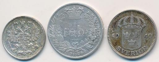 Orosz Birodalom 1911. 5k Ag + Nagy-Britannia 1864. 6P Ag "Viktória" + Svédország 1940. 25ö...