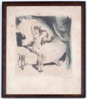 Olvashatatlan jelzéssel: Ülő akt, színezett rézkarc, papír, üvegezett fa keretben, 28×23,5 cm