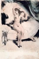 Olvashatatlan jelzéssel: Ülő akt, színezett rézkarc, papír, üvegezett fa keretben, 28×23,5 cm