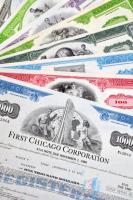 Amerikai Egyesült Államok 1964-1977. 10db klf részvény perforációval, bélyegzésekkel, lyukasztással érvénytelenítve T:I-III USA 1964-1977. 10pcs of diff shares, with perforations, stamps, cancelled by holes C:UNC-F