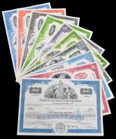 Amerikai Egyesült Államok 1964-1977. 10db klf részvény perforációval, bélyegzésekkel, lyukasztással ...