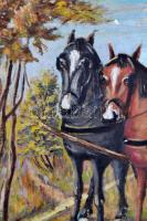 Juszkó jelzéssel: Lovak. Olaj, farost, keretben, 43×30 cm