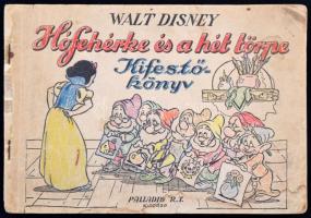 cca 1940 Walt Disney: Hófehérke és a hét törpe. Kifestőkönyv. A Palladis Rt. kiadása. Használt állapotban, az ábrák kiszínezve.