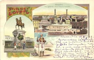 Alexandria, Alexandrie; statue, general view, Pompey's Pillar, Mehmed Ali statue, litho (Rb)