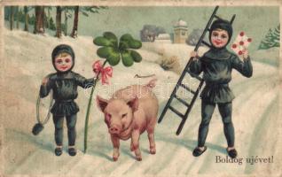 Boldog újévet / New Year, chimney sweepers, pig, clover, litho (EK)