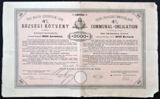 Budapest 1893. "Pesti Magyar Kereskedelmi Bank" 4%-os községi kötvénye 2000K-ról, szárazpecséttel T:III sarokhiány