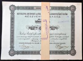Budapest 1923. "Kissling Rudolf és Fia Csillár és Bronzárugyár Részvénytársaság" 25db részvénye összesen 5000K-ról, szelvényekkel, bélyegzésekkel, szárazpecséttel, kötegelővel T:I-