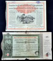 Budapest 1882. "Magyar szent korona országainak vörös-kereszt egylete" kisorsolási kötvény 5Ft-ról bélyegzésekkel + 1904. "Erzsébet királyné Sanatorium Sorsjegykölcsön" sorsjegye 5K-ról, szárazpecséttel T:III,III-