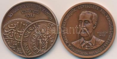 Garamkeszi János (1936-) 1983. "MÉE XIII. Vándorgyűlése Salgótarján / Madách Imre - Az Ember tragédiája" Br emlékérem (42,5mm) + Fritz Mihály (1947-) 1988. "20 éves a MÉE Fejér Megyei Szervezete / Veretett a török kivonulásának 300. évfordulóján" Br emlékérem (42,5mm) T:1,2