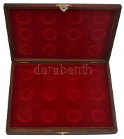 Dekoratív fa érmetartó kazetta 12db kisebb érme tárolására, bársony béléssel, használt állapotban