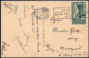 1937 Az olimpia bajnok magyar vízilabda válogatott tagjainak aláírt képeslapja Brüsszelből (Bozsi, Brandi, Halassy, Kutassy, Homonnay, Tarics...) 1937 Autograph signed postcard of the Olympic champion Hungarian waterpolo team from Bruxelles