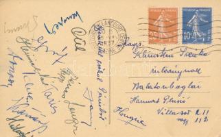 1937 Az olimpia bajnok magyar vízilabda válogatott tagjainak aláírt képeslapja Párizsból (Bozsi, Brandi, Halassy, Kutassy, Homonnay, Tarics...) 1935 Autograph signed postcard of the Olympic champion Hungarian waterpolo team from Paris