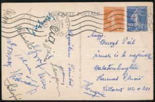 1937 Az olimpia bajnok magyar vízilabda válogatott tagjainak aláírt képeslapja Párizsból (Bozsi, Brandi, Halassy, Kutassy, Homonnay, Tarics...) 1935 Autograph signed postcard of the Olympic champion Hungarian waterpolo team from Paris
