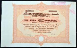 Budapest 1926. "A Hangya-Ipar Részvénytársaság" részvénye 100P-ről szelvényekkel, bélyegzésekkel T:III